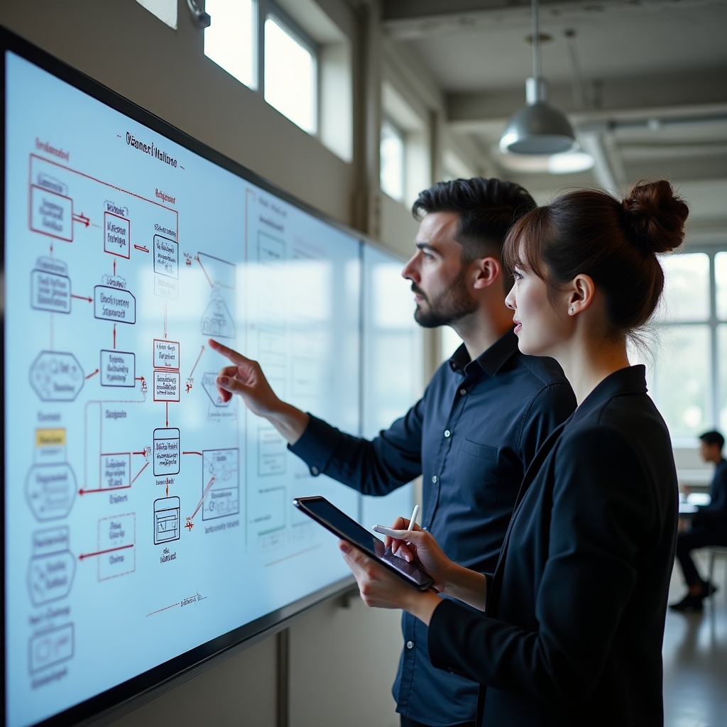 Two engineers reviewing cloud architecture diagrams on a whiteboard in a bright collaborative workspace