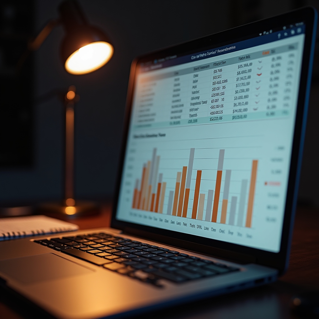 Detailed cloud cost breakdown report displayed on a laptop screen in a dim office setting