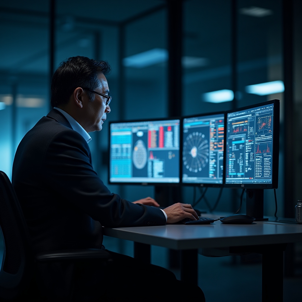 Security analyst examining IAM permission configurations on multiple screens in a dark modern office